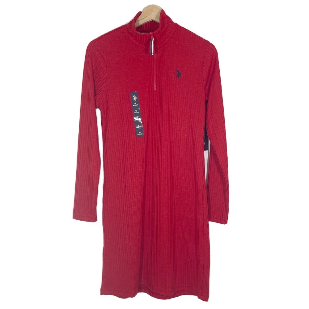 NWT U.S Polo Assn Knit Ribbed Sweater Dress Long Sleeves Red Sz M